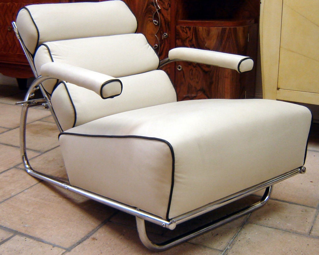 We call this a “very” chair; very rare, very beautiful and very comfortable.  This stunning American art deco adjustable lounge chair was designed by Gilbert Rohde (1886 – 1958) for the Troy Sunshade Company.  Shown in the 1934 Troy Streamline Metal