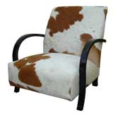 French Art Deco Club Armchair in Cowhide and Black Lacquer