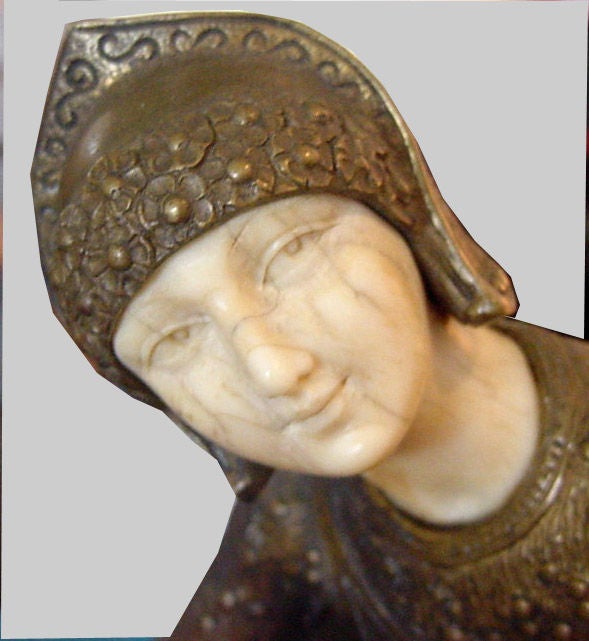 This lovely French art deco bronze and ivory dancing lady is by Joe Descomps (1869 – 1950) and was created ca. 1925.  The “Russian Dancer” bronze sits atop a stepped marble base and is 19” high.  Her face and hands are exquisitely carved.  The