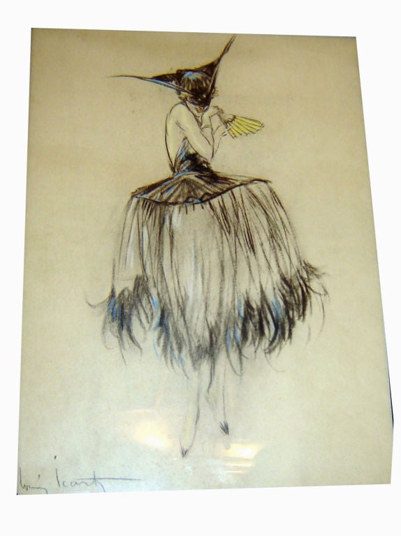 This lovely French art deco drawing of a coy young lady is by Louis Icart (1880 – 1950), famous for his etchings and drawings of women in the deco era.  The drawing portrays a damsel in a feathery dress, masked for a ball and holding a yellow fan. 