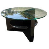 Vintage American Art Deco Black Lacquer Coffee Table w Round Glass Top