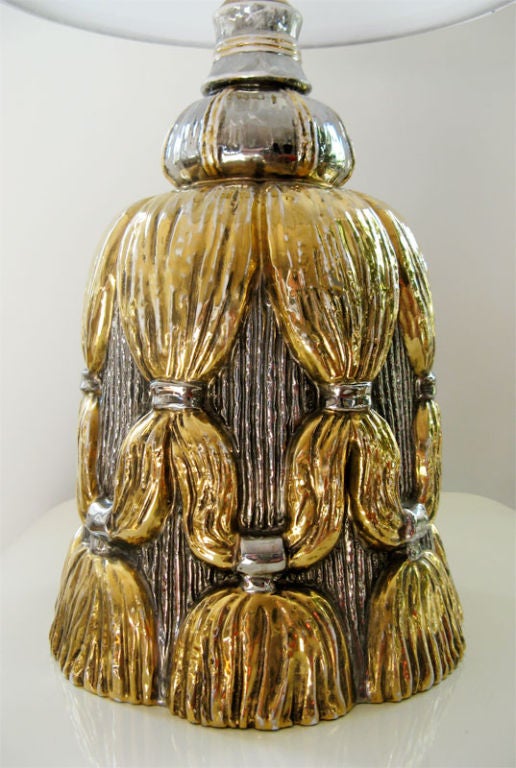 Mid-Century Modern Ceramic Italian tassel table lamp with gold and silver glazes.