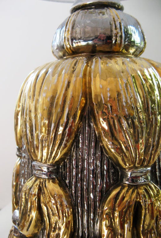 Ceramic Italian tassel table lamp with gold and silver glazes. In Good Condition In New York, NY