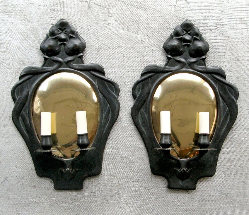 Fine pair of bronze "Jugend" Art Nouveau sconces, Sweden, 1905.
