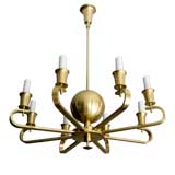 Spectacular Swedish Art Deco brass 8 arm chandelier with sphere.