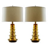 Pair of vibrant gold glass Swedish lamps, Johanfors 1960's.