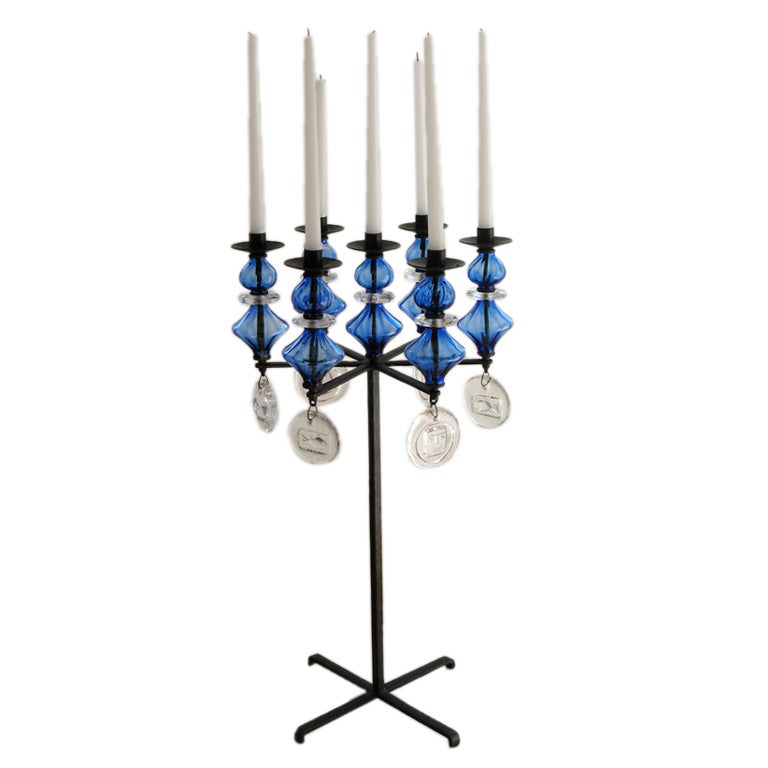Rare, Erik Hoglund glass and wrought iron candelabrum, Boda Nova