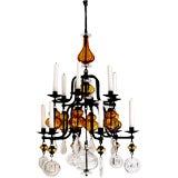 Beautiful Erik Hoglund glass & iron 12 arm chandelier Boda