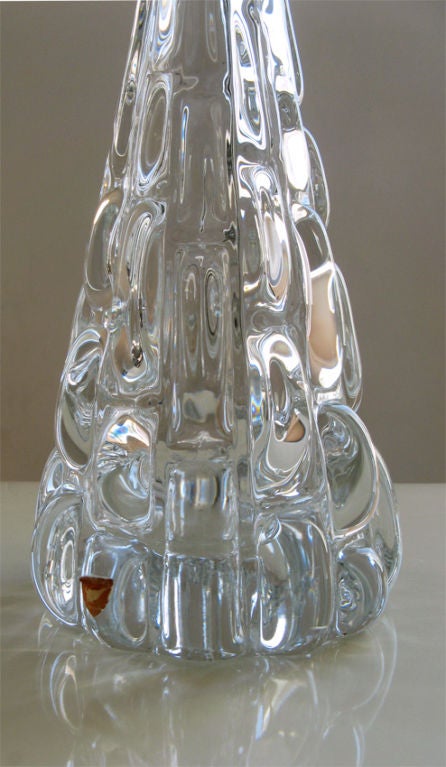 Pair, Swedish Orrefors clear crystal lamps with nickel hardware. In Excellent Condition In New York, NY
