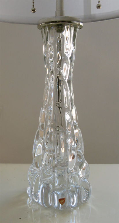 20th Century Pair, Swedish Orrefors clear crystal lamps with nickel hardware.
