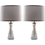 Pair, Swedish Orrefors clear crystal lamps with nickel hardware.