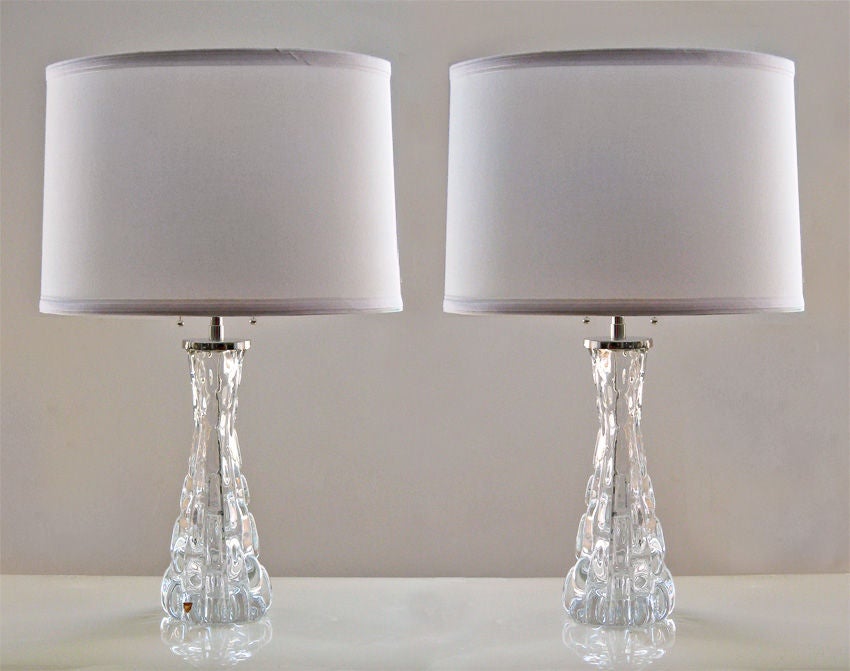 Crystal Pair, Swedish Orrefors clear crystal lamps with nickel hardware.