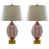 Large Murano glass lamps with gold filigree & gilt-wood bases.