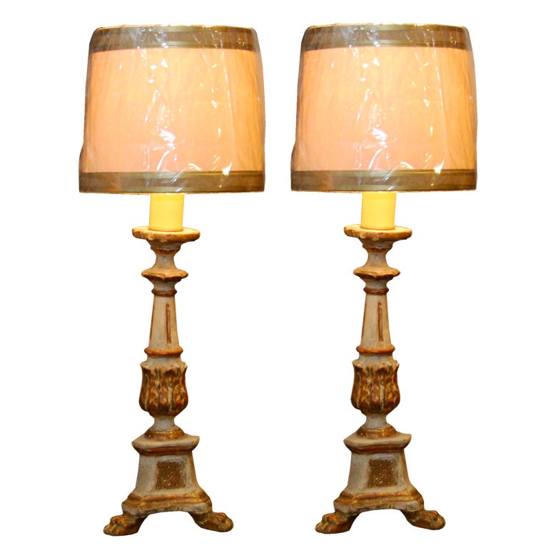 Pair of painted and gilded pricket lamps For Sale