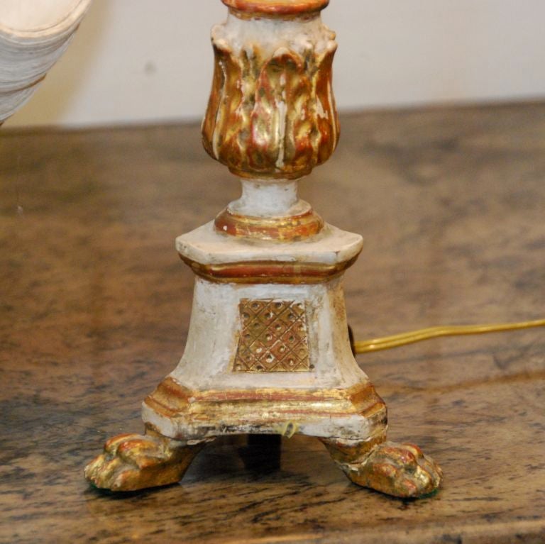 French Pair of painted and gilded pricket lamps For Sale