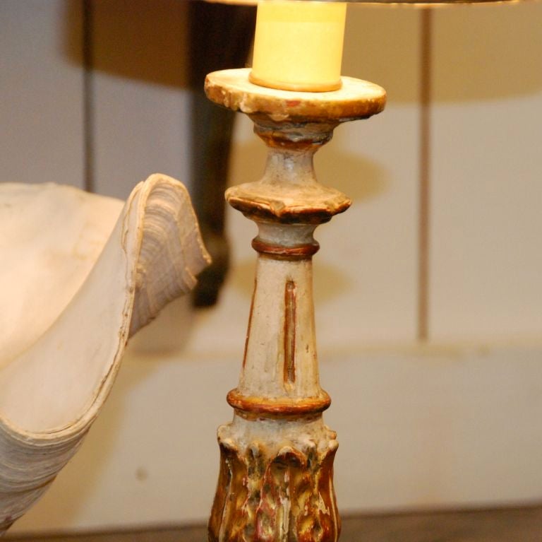 Gilt Pair of painted and gilded pricket lamps For Sale