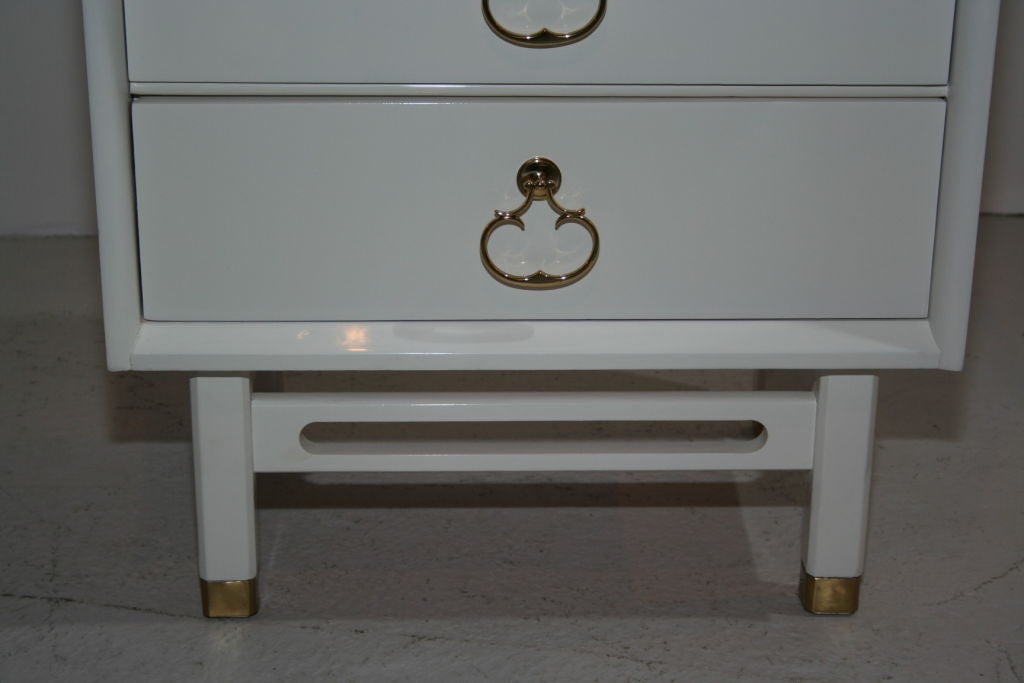 Pair of White Lacquer Nightstands with Brass Hardware
