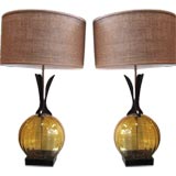 Vintage Amber Glass and Lacquered Wood Table Lamps