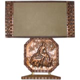 Deco Signed Table Lamp with Copper Relief and Carved Wood Base