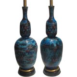 Pair of Blue  Moroccan Ceramic Lamps with Brass detail