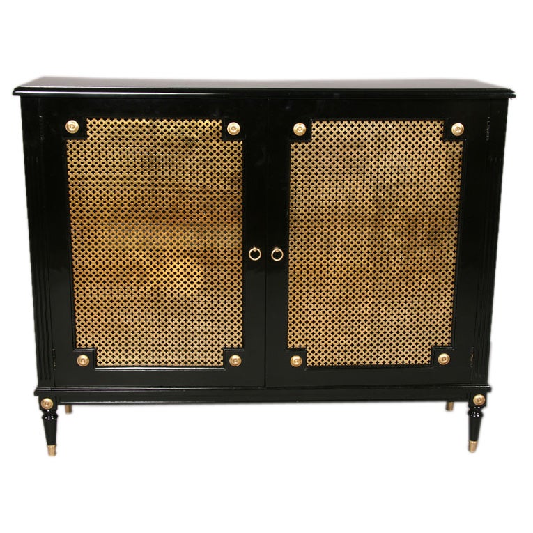 Regency Ebonized Narrow Cabinet with Brass Screen Doors