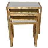 Set of 3 Brass Nesting Tables with Mirrored Tops and Brass