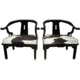 Pair of James Mont Style Lacquer Chairs With Hide Seat