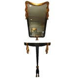 Ebonized Gilt Mirror and Demi-lune Console Table Set