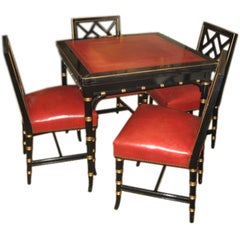 1940's Black Lacquer and Leather Game Table with Set of 4 Chairs