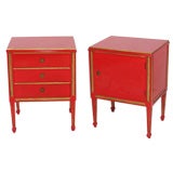 Pair of Red Lacquer Jansen Nightstands with Gilt Detail