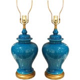 Pair of Crackled Turquoise Glass and Brass Lamps