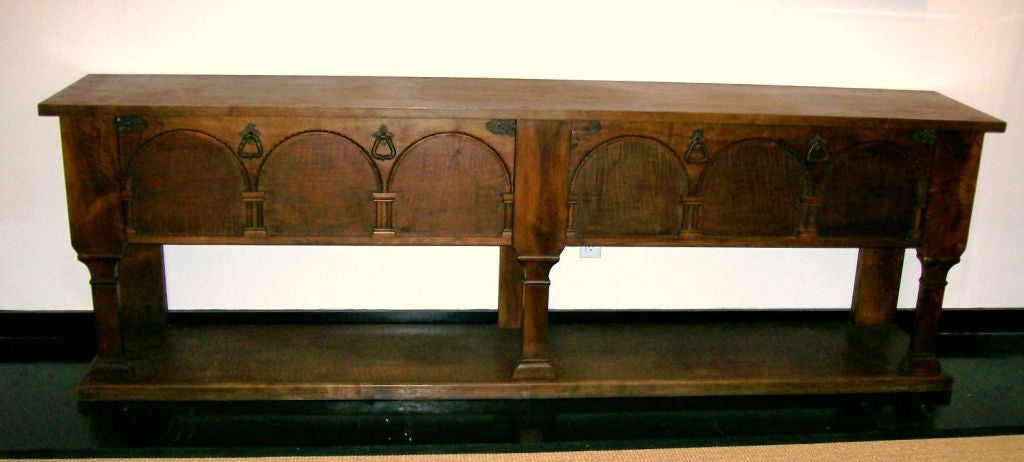 Large Credenza in oak with iron hardware. Drop front cabinets, carved columns and arches. Spain, c. 1930 - Stunning!