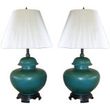 Pair of Asian Style Ceramic Lamps in Deep Turquoise