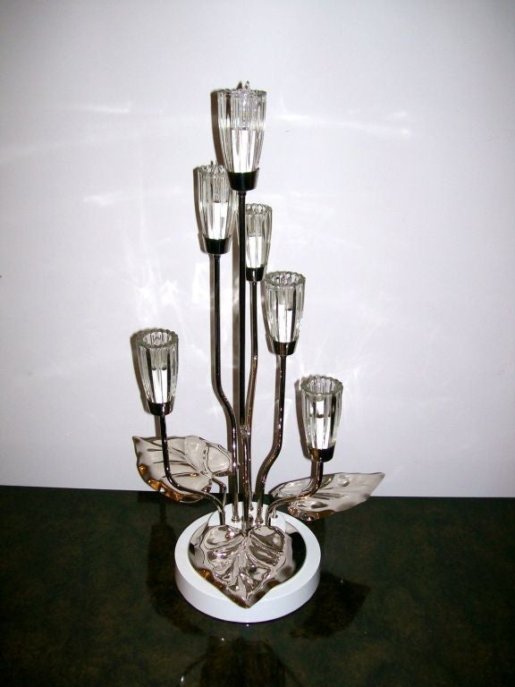 Five light lamp with nickel plated leaves, glass flowers and white lacquered base.  Deco details are elegant and perfect for modern decor.  FULLY restored.