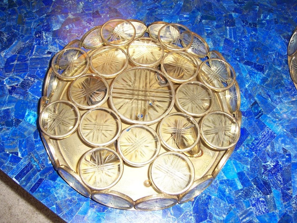 Pair of Etched Glass Medallion Ceiling Light Fixtures