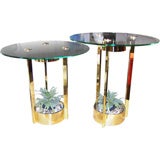 Vintage Two Illuminated Planter Sidetables in Brass & Glass