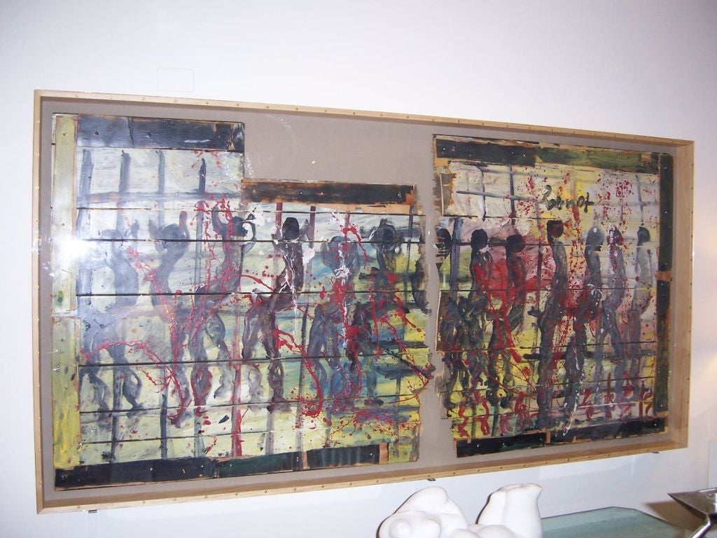 This early piece by Purvis Young, in large scale of broken wood and particle board fragments depict a 