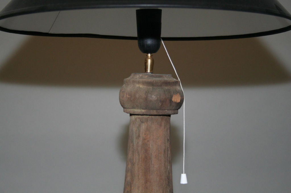 Rustic lamp made from antique wood balustrades with black coolie parchment shade.  Lamp and shade can be sold separately.<br />
<br />
Keyword:  Lighting