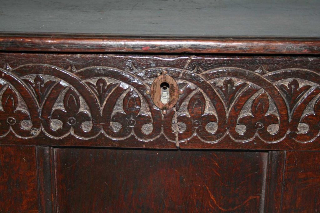 Richly carved Jacobean style chest with front rail, 3-paneled front and paneled side.  Beautiful wood patina.  Great in entry hall, behind sofa, foot of bed.<br />
<br />
Keywords:  Blanket chest, box, chest, trunk, coffer, bench. coffee table.<br