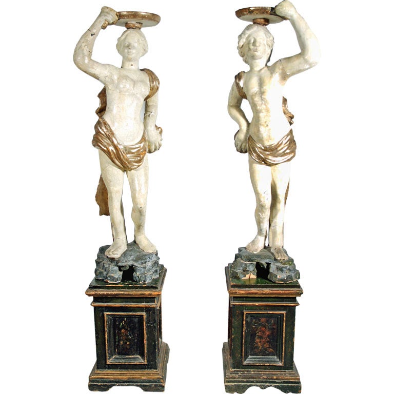 A Rare Pair of Neapolitan Papier Mache Figures on Plinths For Sale at