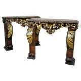 An Unusual Pair Baroque Carved & Parcel Gilt Consoles
