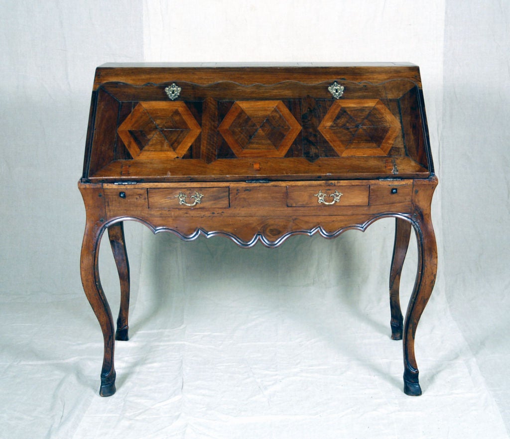 A Rare Louis XV Walnut & Parquetry <br />
Slant Front Desk on Cabriole Legs