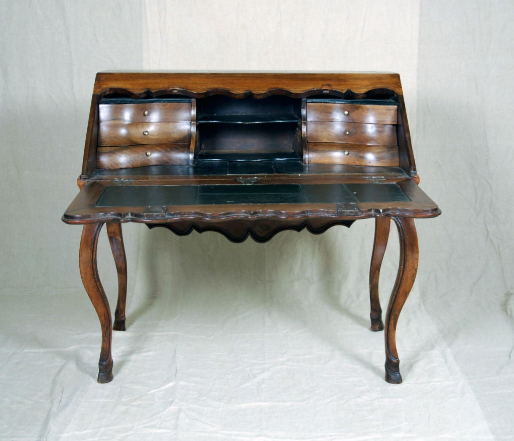 French A Rare Louis XV Walnut & Parquetry Slant Front Desk