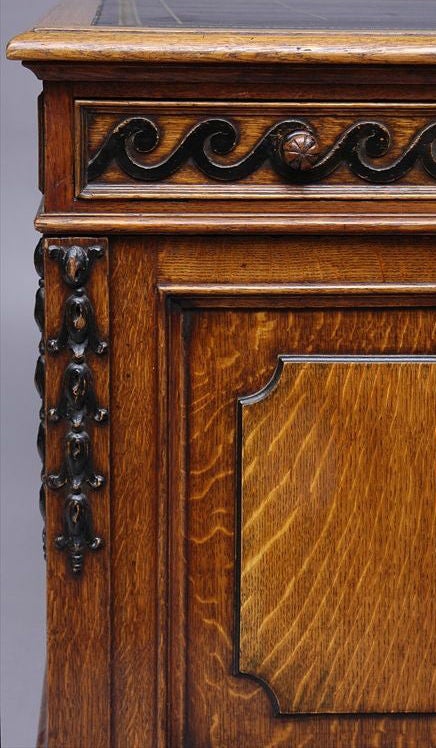 Attributed to George Bullock<br />
Bullock, George (1782/3–1818), <br />
Sculptor and cabinet-maker <br />
<br />
The rectangular leather-inset top sharing large double sided single drawers, with Vitruvian scrolls above pedestals fitted with