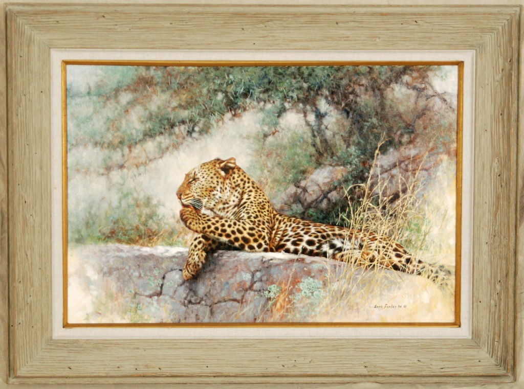 American, b. 1949

“Cheetah”

Oil on canvas

Signed and dated ‘Eric Forlee 90’

24 by 36in. w/frame 34 by 46in.

	A painter of large wild African animals from portraits to panoramas, he was born in China and as a child was fascinated by