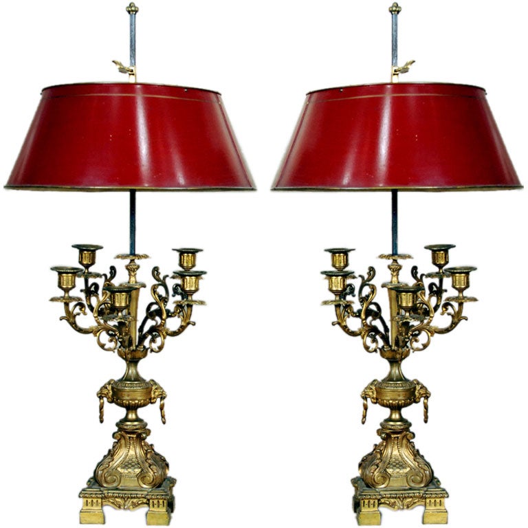 A Fine Pair of Rococo Gilt Bronze Five Arm Bouillote Lamps For Sale at