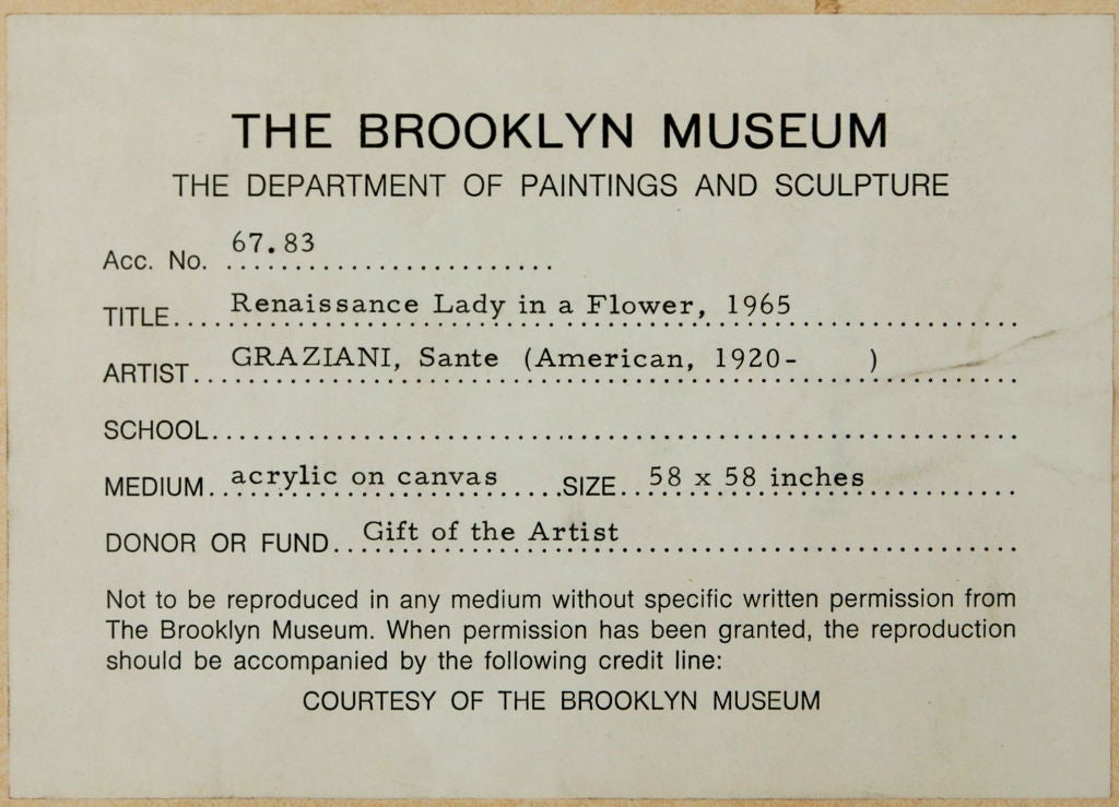 Sante Graziani,<br />
American, B. 1920<br />
<br />
“Renaissance Lady in Flower”<br />
<br />
Acrylic on canvas<br />
58 by 58 in.<br />
Signed and dated 1965<br />
<br />
Sante studied at the Cleveland School of Art, 1938-1941; School of