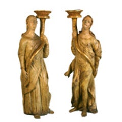 Pair of Italian Gilt & Painted Figures of Candle bearing Angels 11
