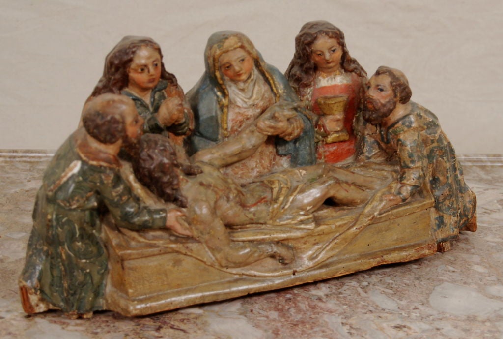 18th Century and Earlier A Flemish Polychrome Decorated Carved Wood Figure of the Pieta