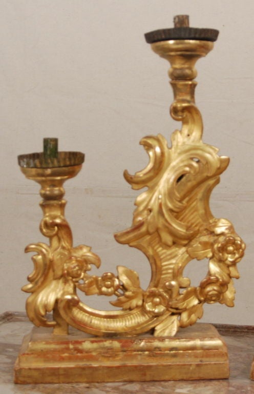 Italian A Fine Pair of Baroque Giltwood Two Arm Altar Sticks For Sale